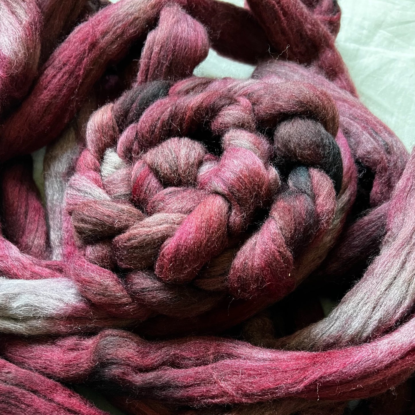 "Deep Raspberry" 4 oz. Grey Corriedale Combed Top