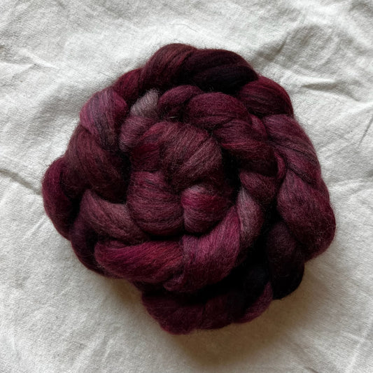 "Deep Raspberry" 4 oz. Grey Corriedale Combed Top